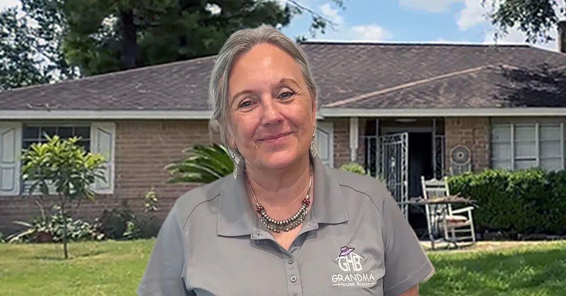 Becky Fields the grandma house buyer in front of a Houston Ranch House on a sunny day