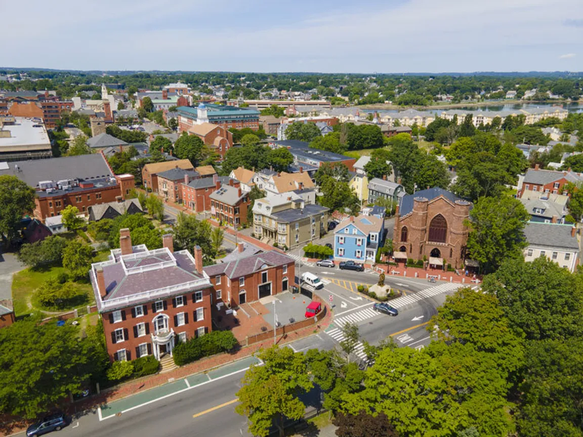 Sky-down view of Salem Massachusetts, lovely historic brick buildings