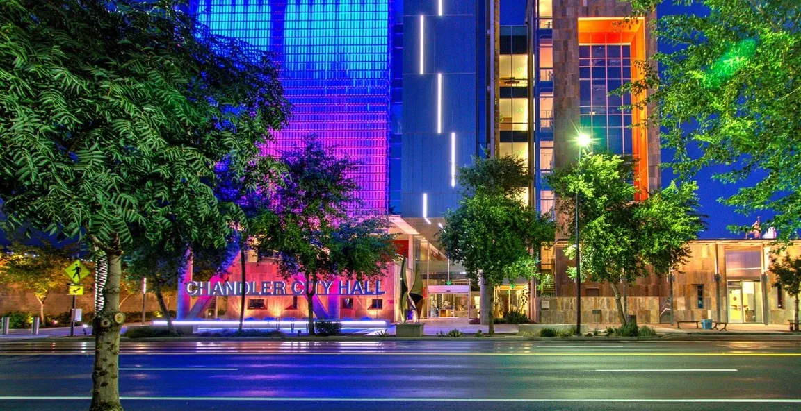 Chandler City Hall at night - mobile home communities in Chandler AZ - AZ Mobile Homes Direct