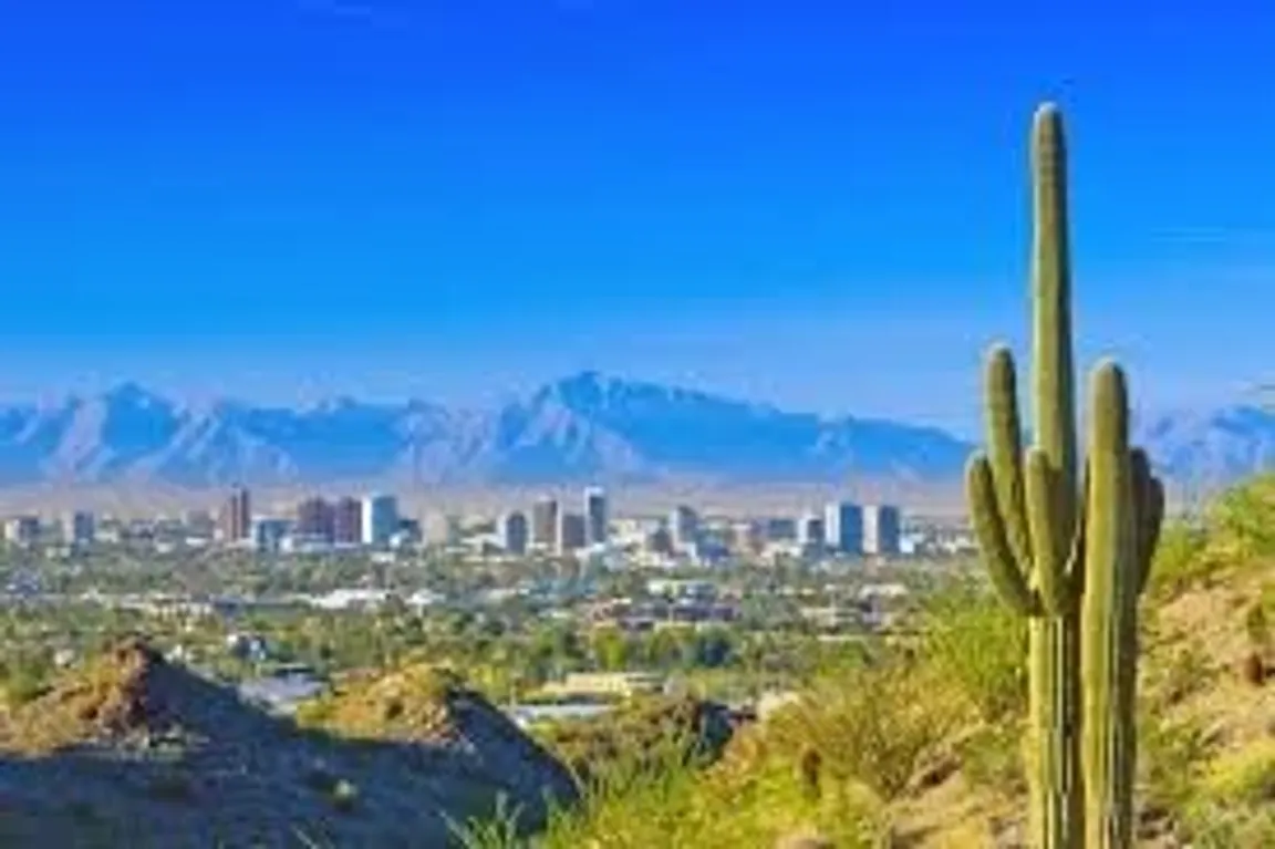 Phoenix AZ skyline with saguaro cactus and mountains - mobile home communities in Phoenix AZ - AZ Mobile Homes Direct