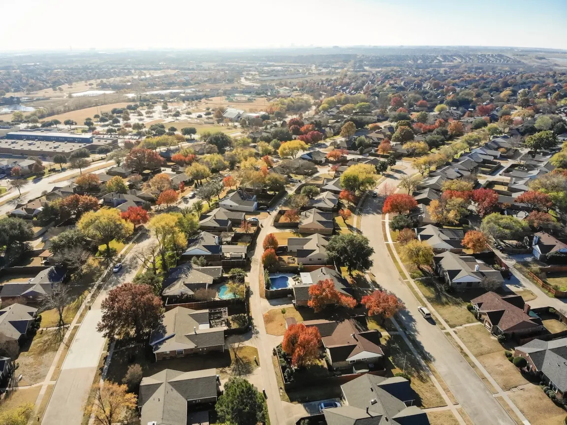 Aerial view of residential neighborhood near Carrollton Texas