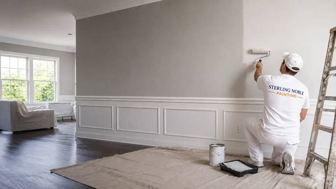 Professional painter applying interior wall paint for Sterling Noble Painting