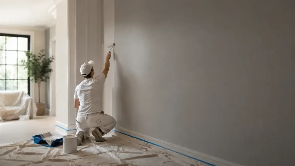 A professional painter working on an interior wall with drop cloths, painter’s tape, and painting supplies, representing Sterling Noble Painting’s residential and commercial painting services across Salem, Portland, and surrounding Oregon areas.