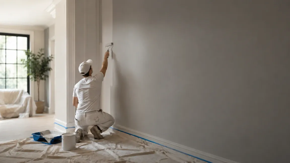 A professional painter working on an interior wall with drop cloths, painter’s tape, and painting supplies, representing Sterling Noble Painting’s residential and commercial painting services across Salem, Portland, and surrounding Oregon areas.