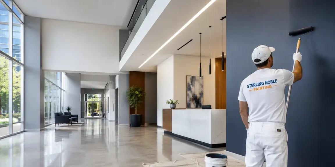 Professional commercial painter working in a modern office building lobby