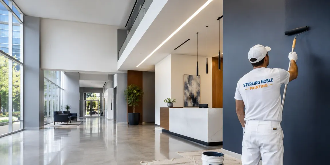 Professional commercial painter working in a modern office building lobby
