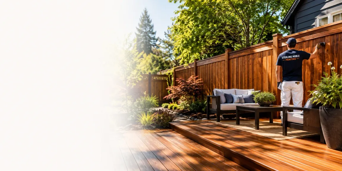Professional deck and fence staining service on a backyard outdoor living space