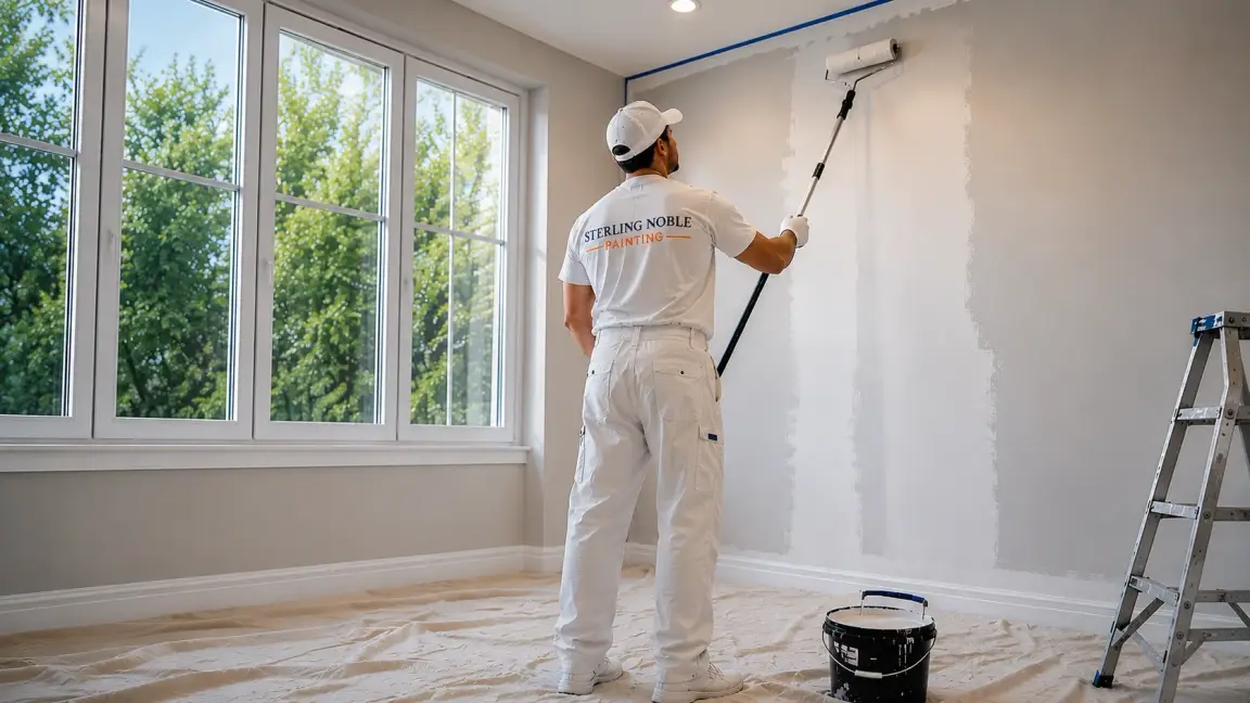 Professional painter from Sterling Noble Painting applying interior wall paint in a modern home
