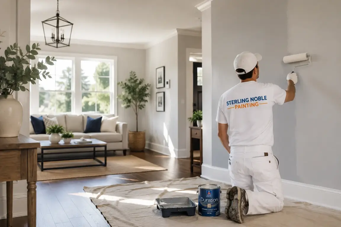 Professional residential painter applying interior paint in a modern Oregon home