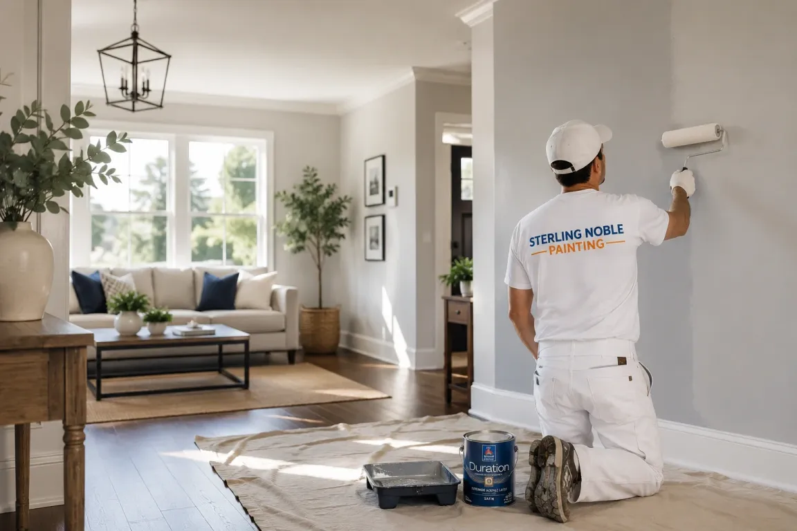 Professional residential painter applying interior paint in a modern Oregon home