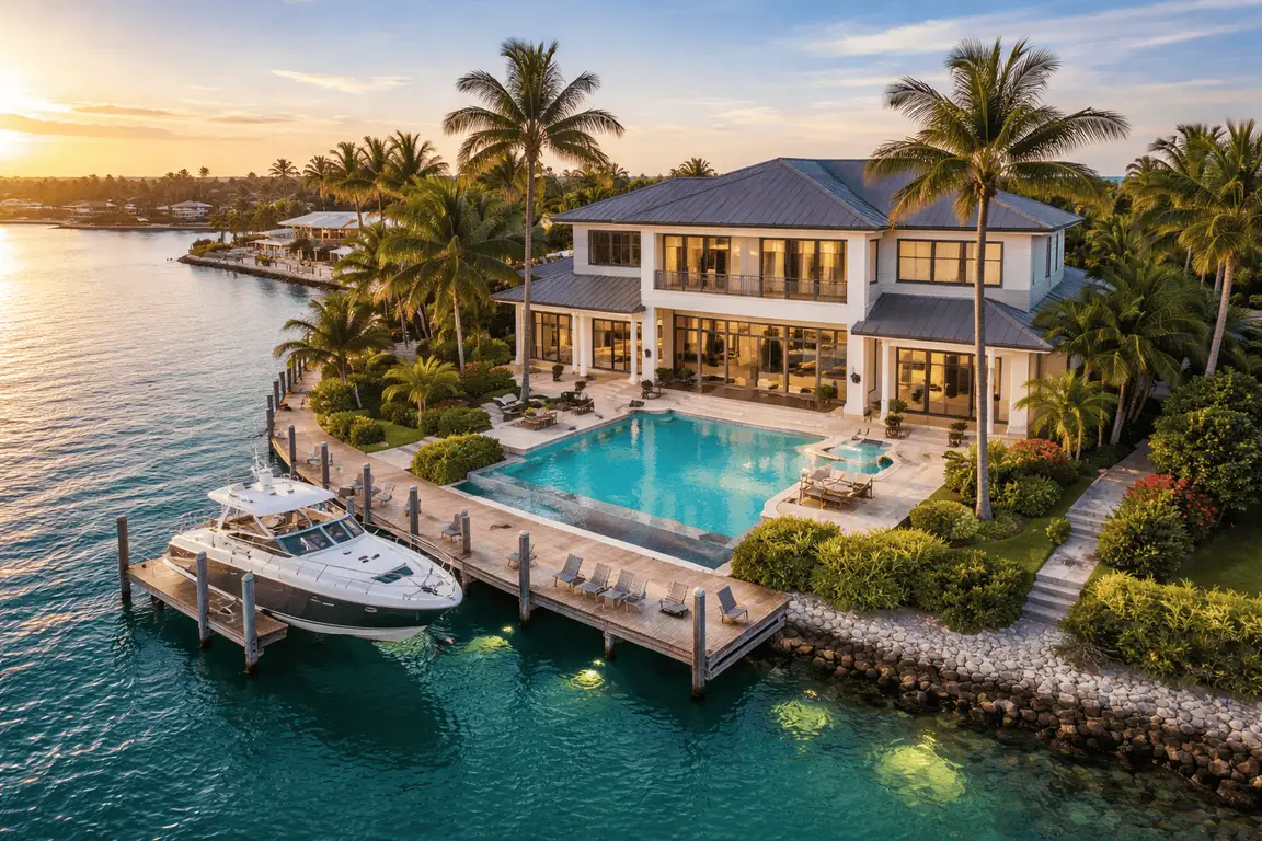 Luxury waterfront home with dock in Naples Florida at sunset
