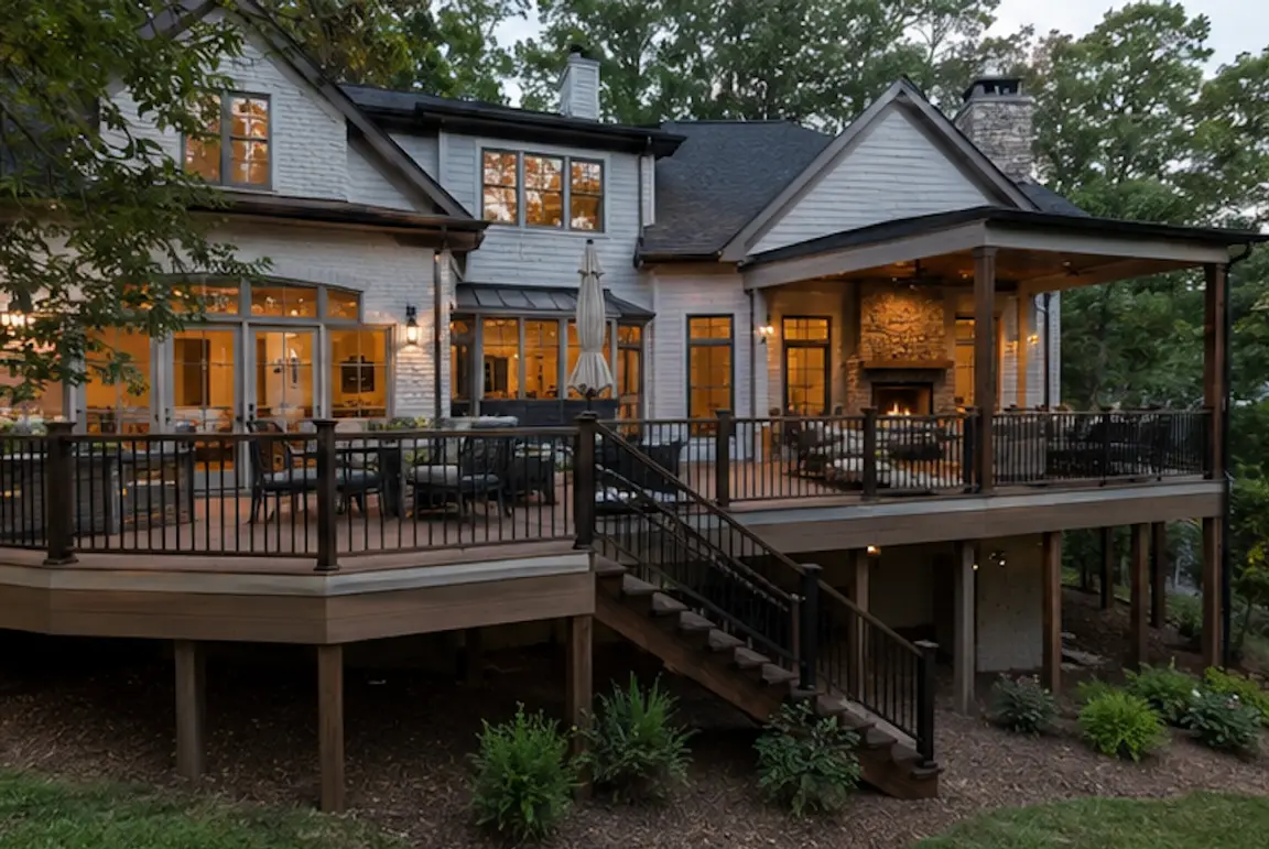 Custom build high rise wooden deck with multiple outdoor seating