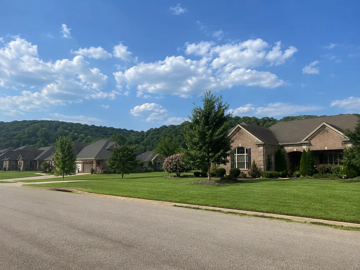 Modern brick homes in a peaceful Meridianville, Alabama neighborhood featuring manicured lawns, tree-lined streets, sidewalks, and a family-friendly suburban community under a bright blue Southern sky.