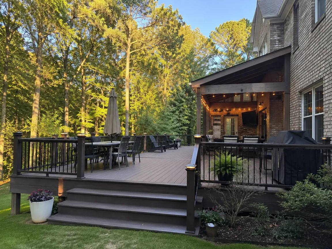 Newly built faux wooden deck in dark tone by Redstone Ridge Homes