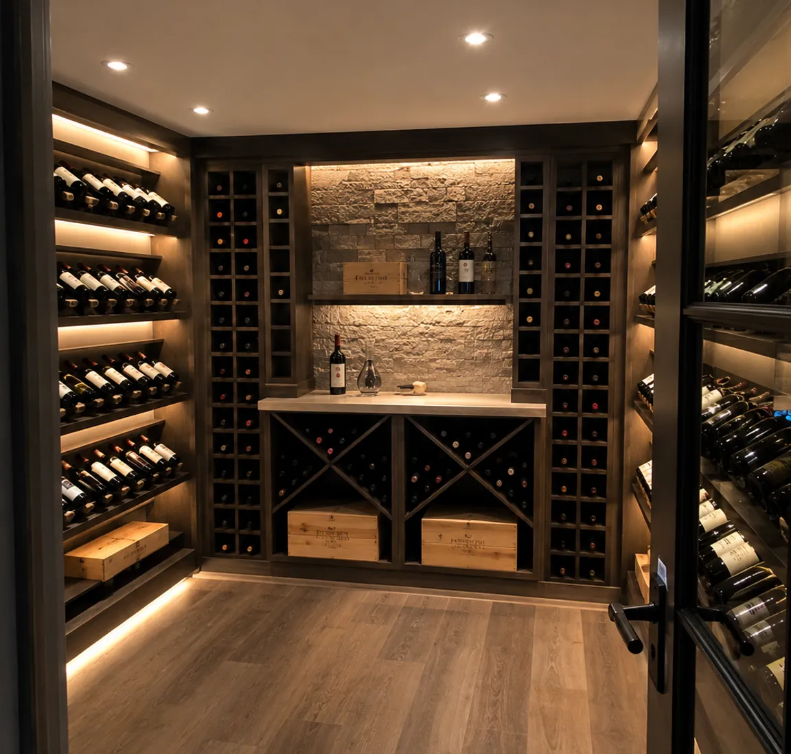 Newly built wine cellar in Athens, AL by Redstone RIdge featuring dark oakwood wine shelves and white brick wall feature wall