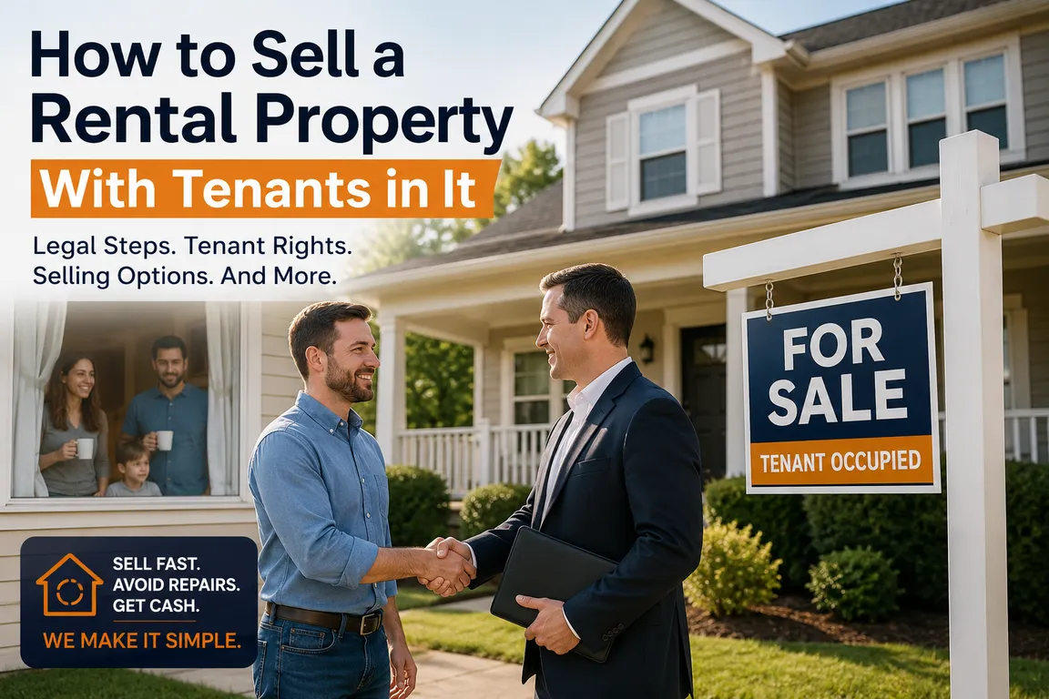 How to sell a rental property with tenants in it – real estate agent and buyer shaking hands in front of tenant-occupied home