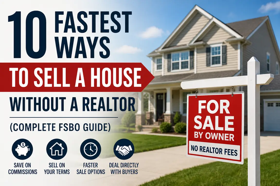 Home with a For Sale By Owner sign illustrating how to sell a house without a realtor using the FSBO process.
