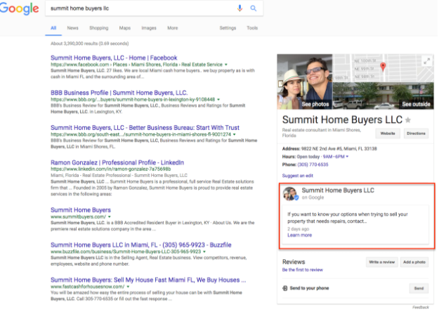 google my business post on search page