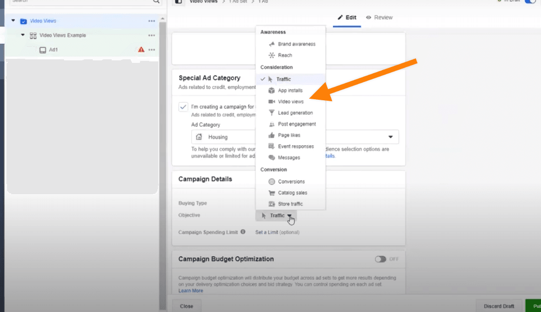 Video Views option in Facebook Business Manager
