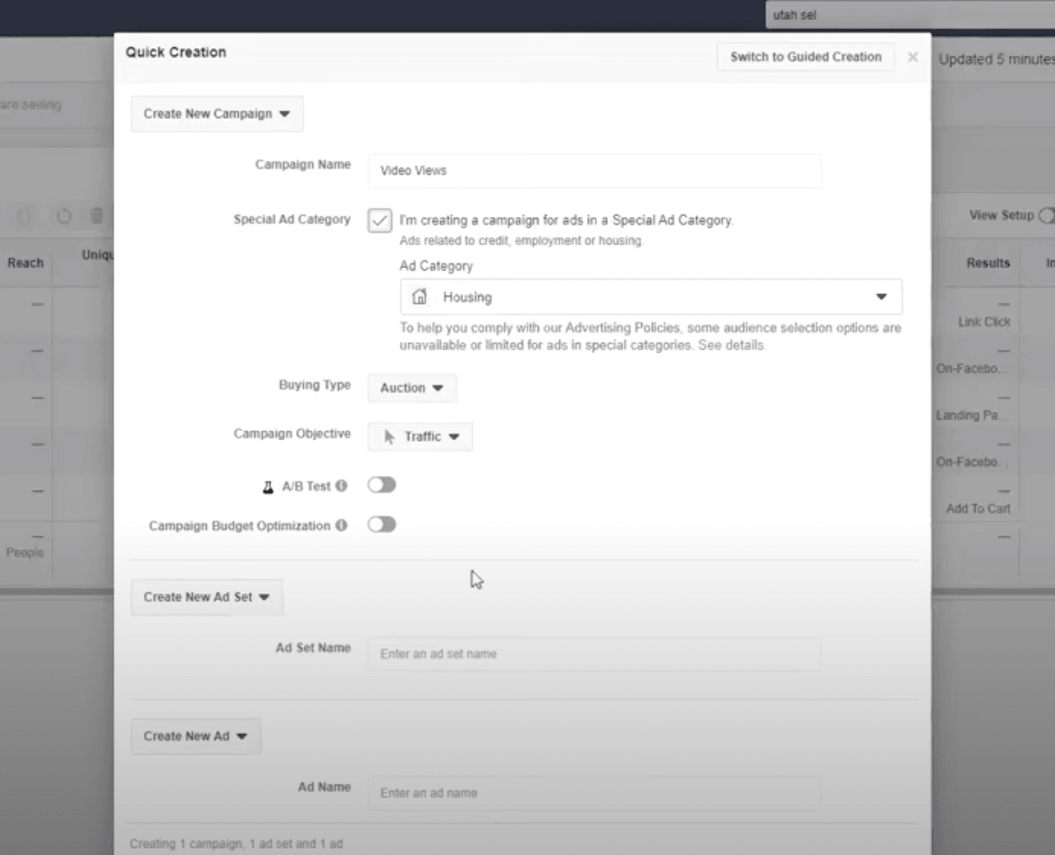 facebook real estate video ads video views campaign creation