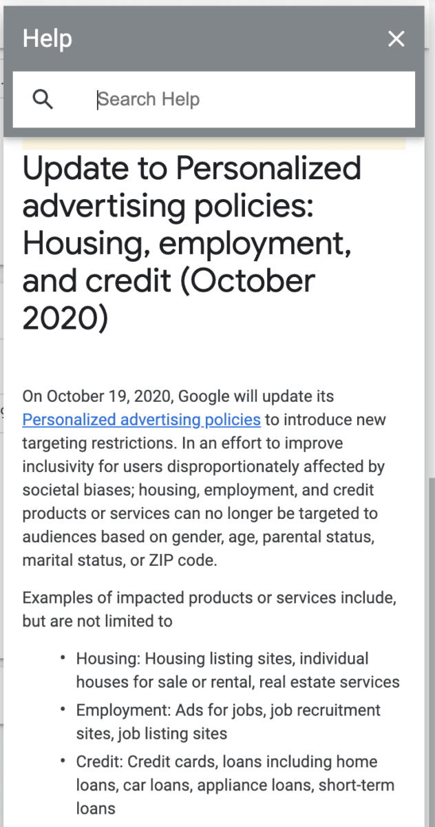 Google Ads Housing Policy notice in an account