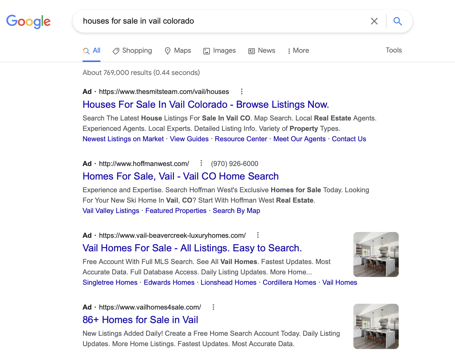 google ads search results for real estate keywords