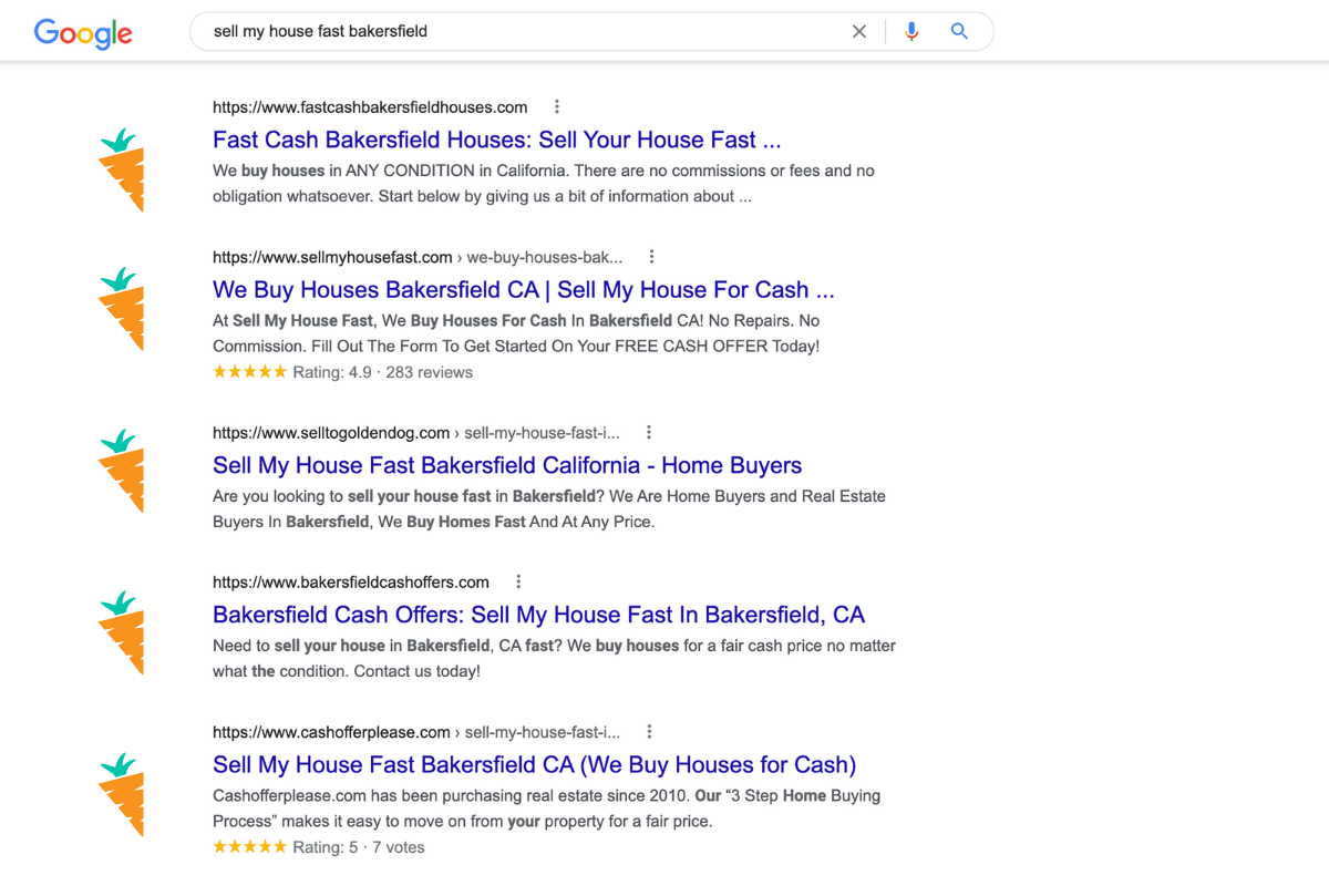 Example showing the top ranking websites for a real estate query, all of which are Carrot clients