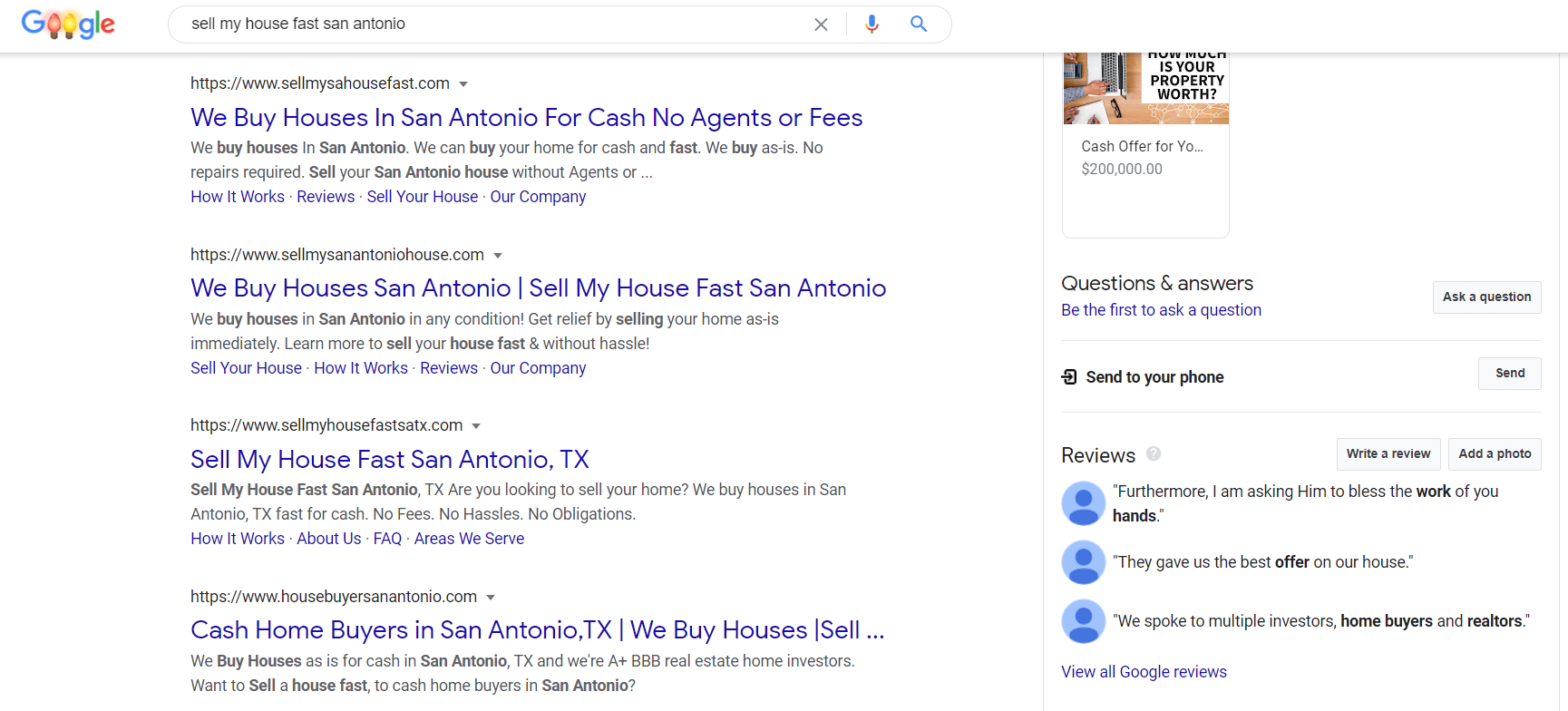 Google search results for sell my house fast san antonio