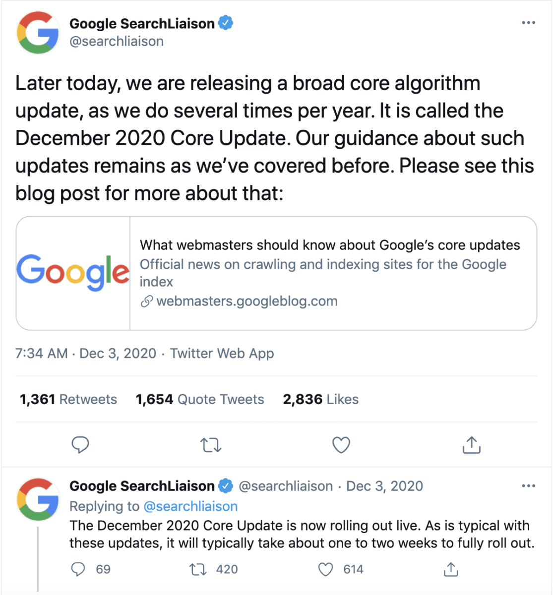 Google Core Algorithm Update - Search Liaison Twitter