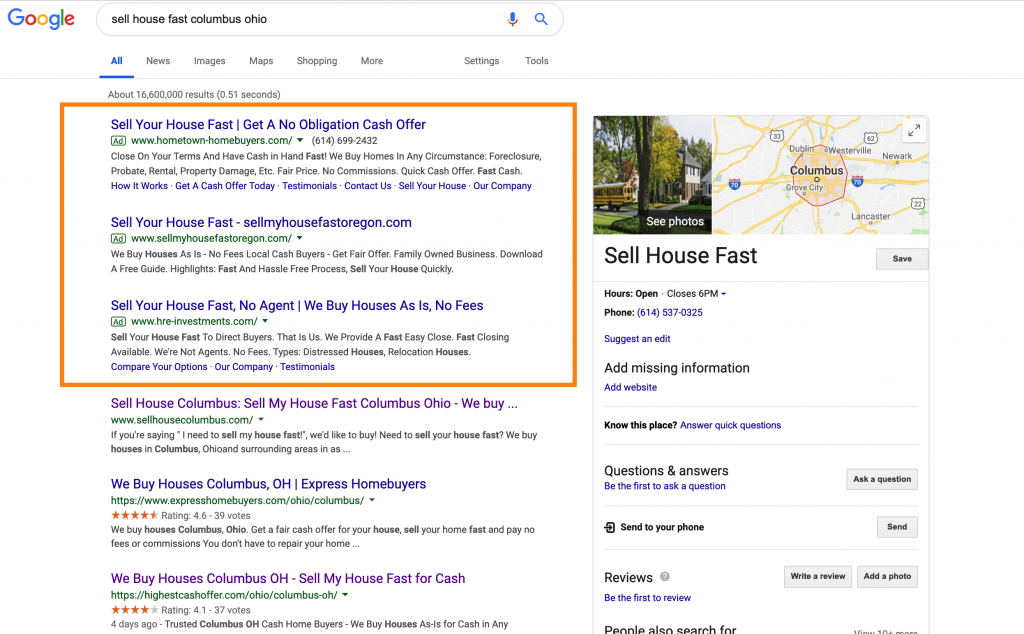 Google ads motivated seller search