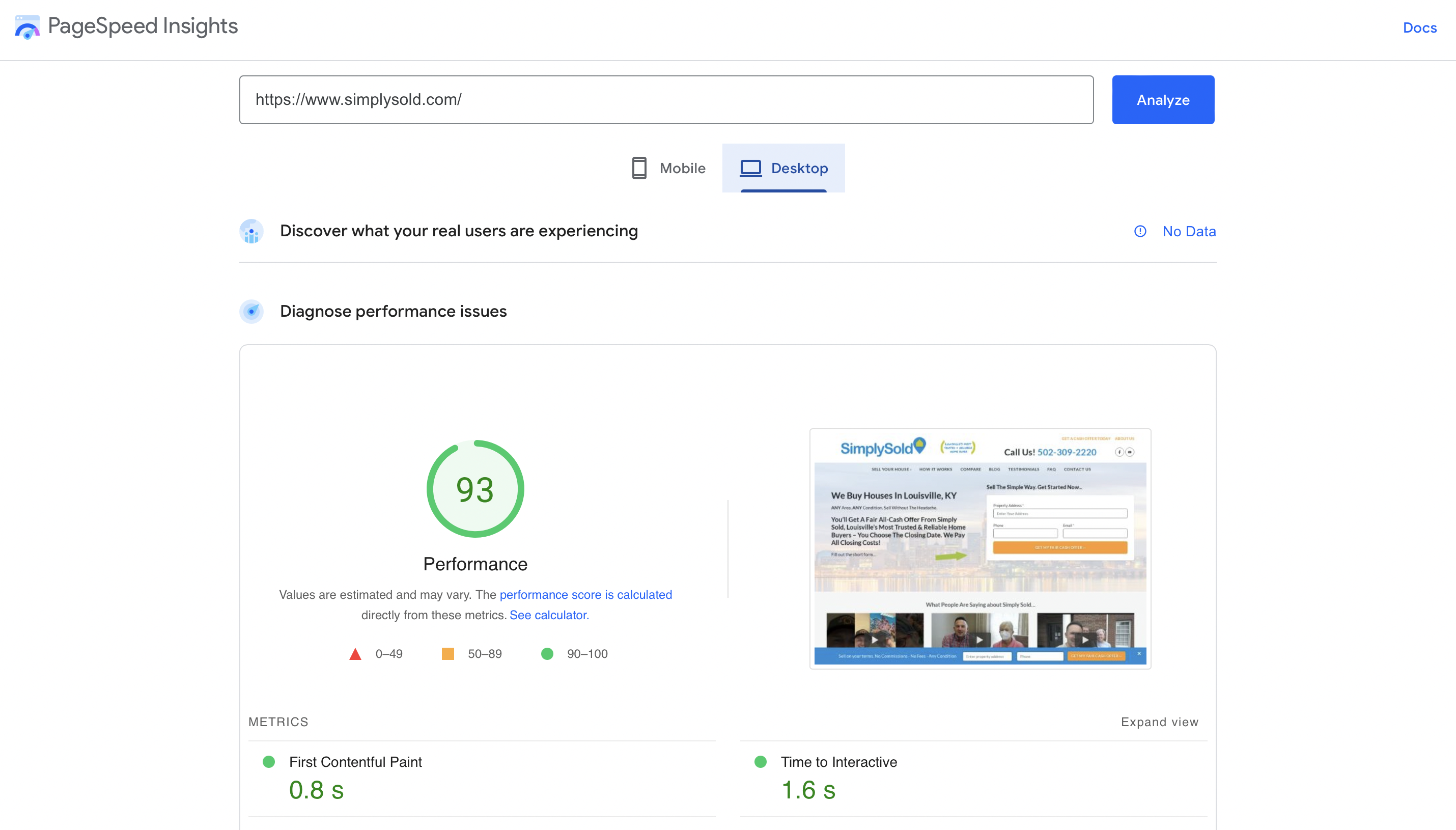 PageSpeed Insights performance test