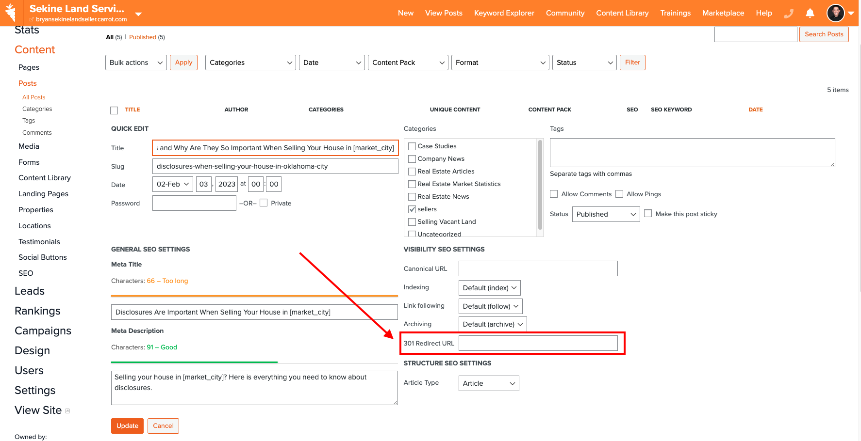 Carrot website dashboard showing how to add a 301 redirect to solve the issues of keyword cannibalization.