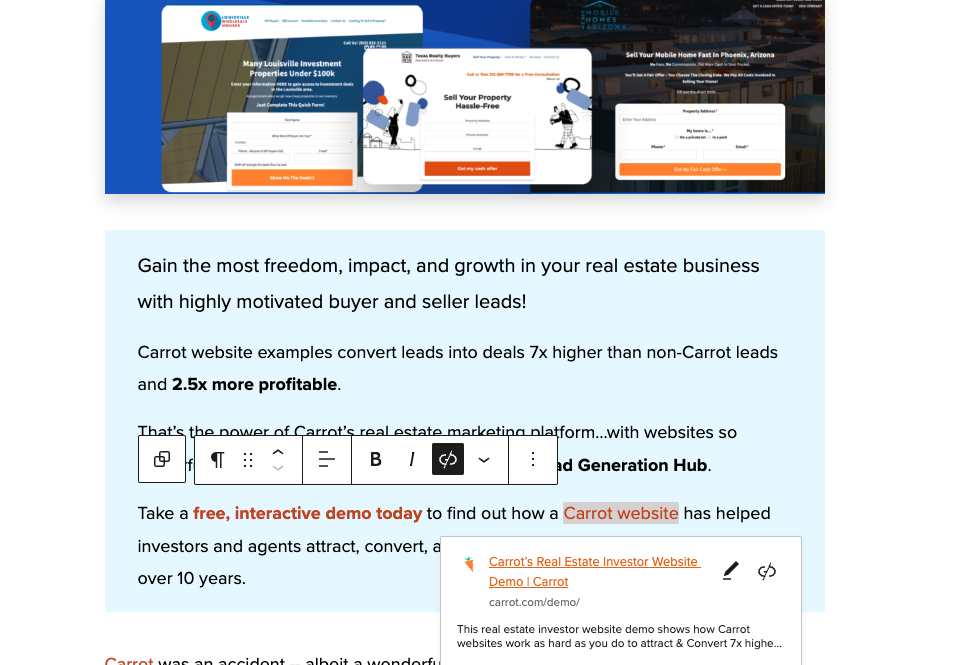 Carrot website demonstrating how to add an internal link to fix keyword cannibalization.