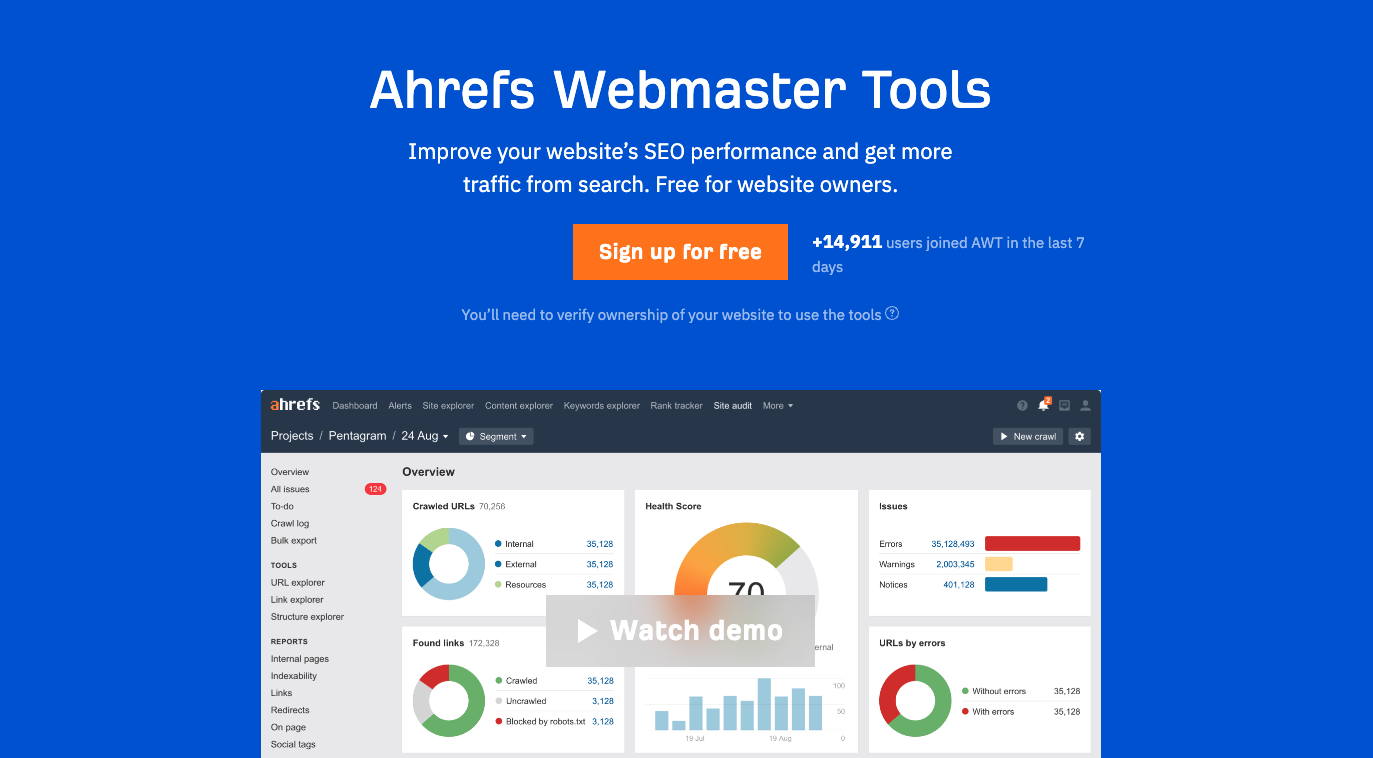 Ahrefs Webmaster Tools dashboard