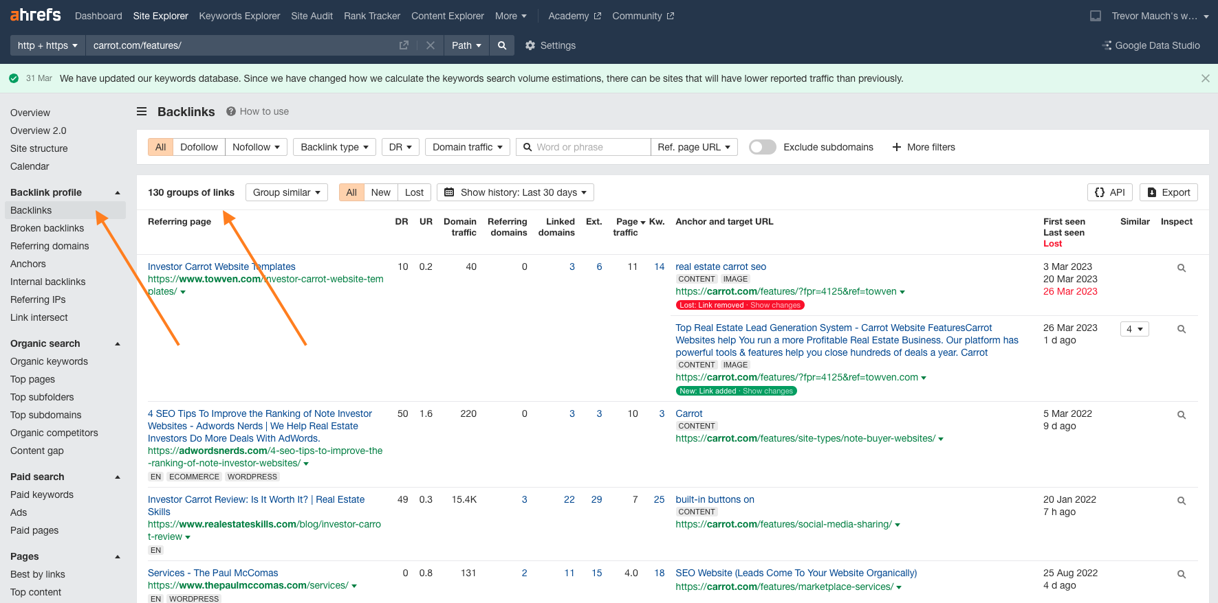 Ahrefs dashboard showing how to identify backlinks for a Carrot investor website.