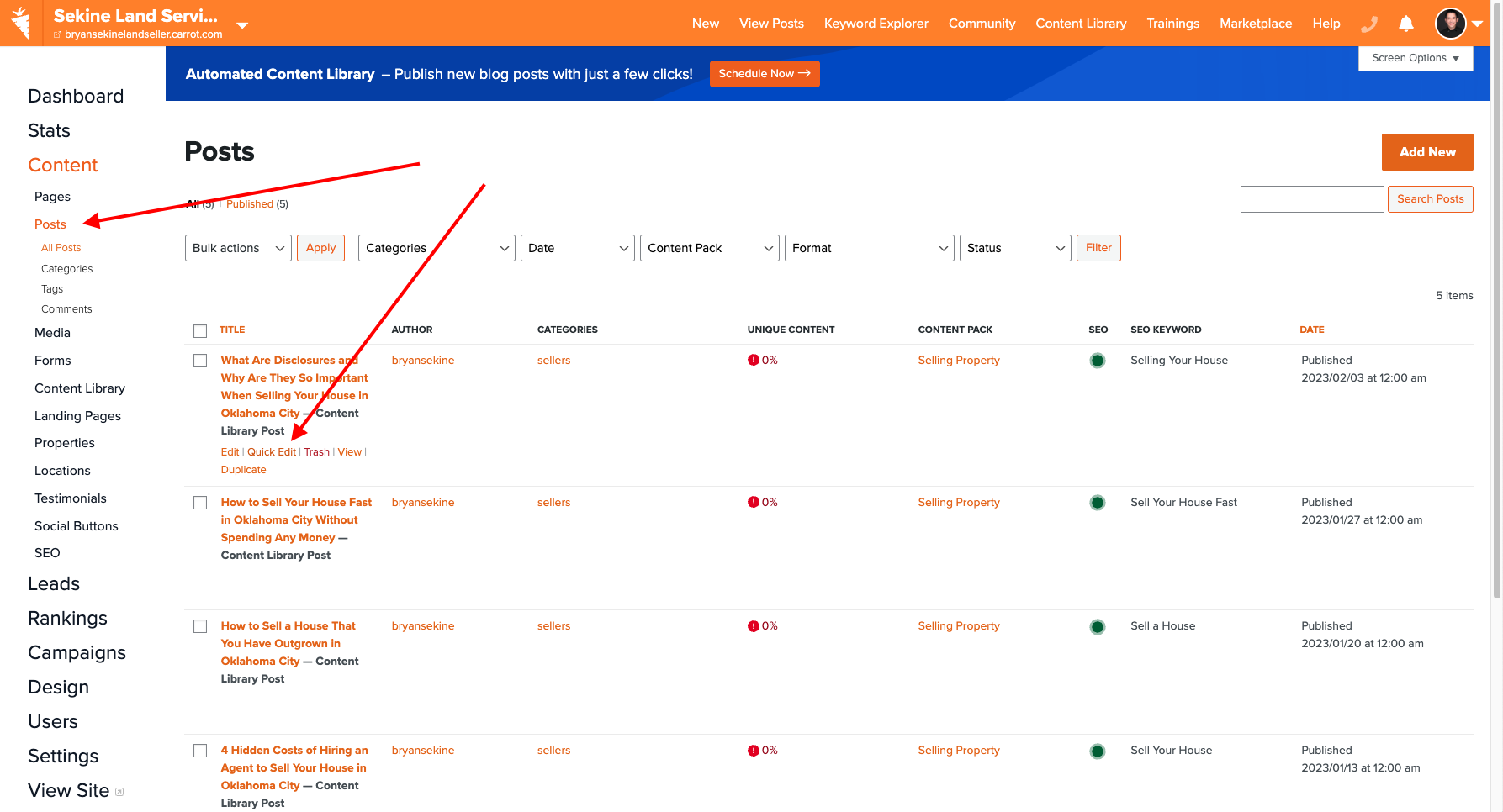 Carrot website dashboard showing how to edit a blog post to fix keyword cannibalization issues.