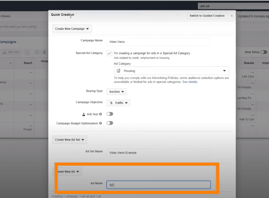 Naming a Facebook Ad in Ads Manager