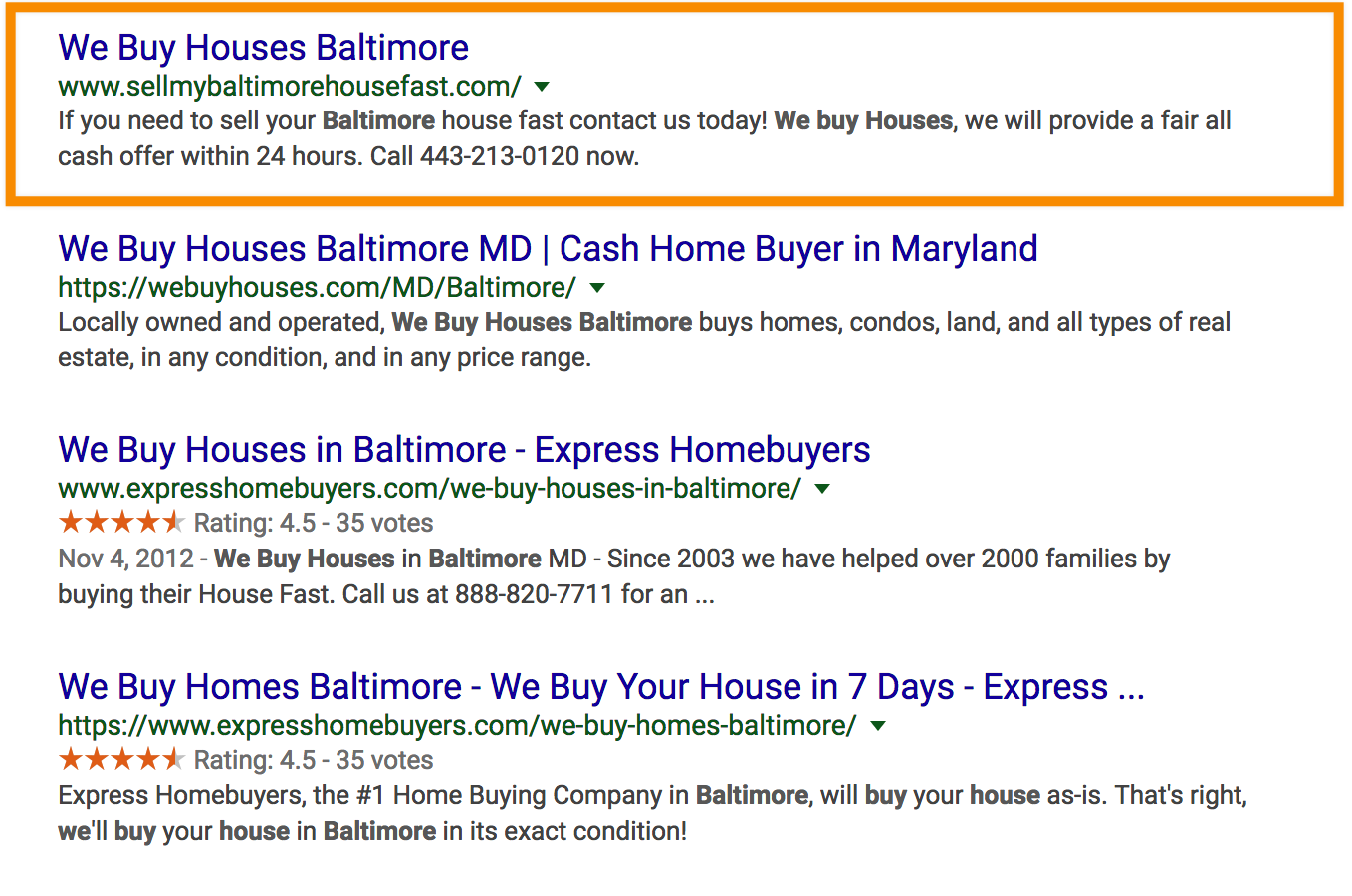we buy houses baltimore seo results