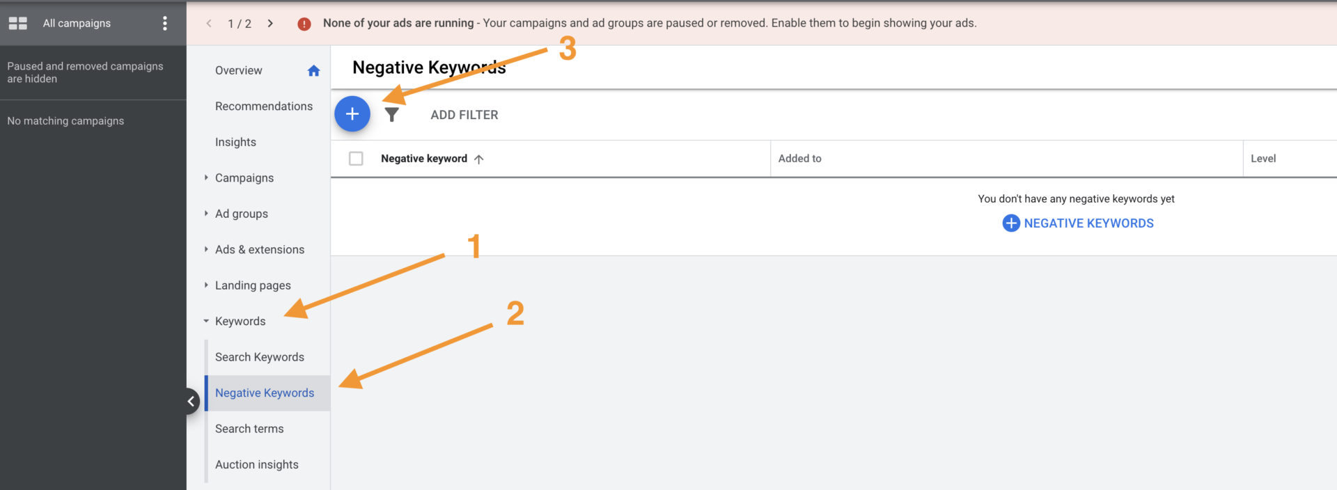 adding negative keywords to google ads