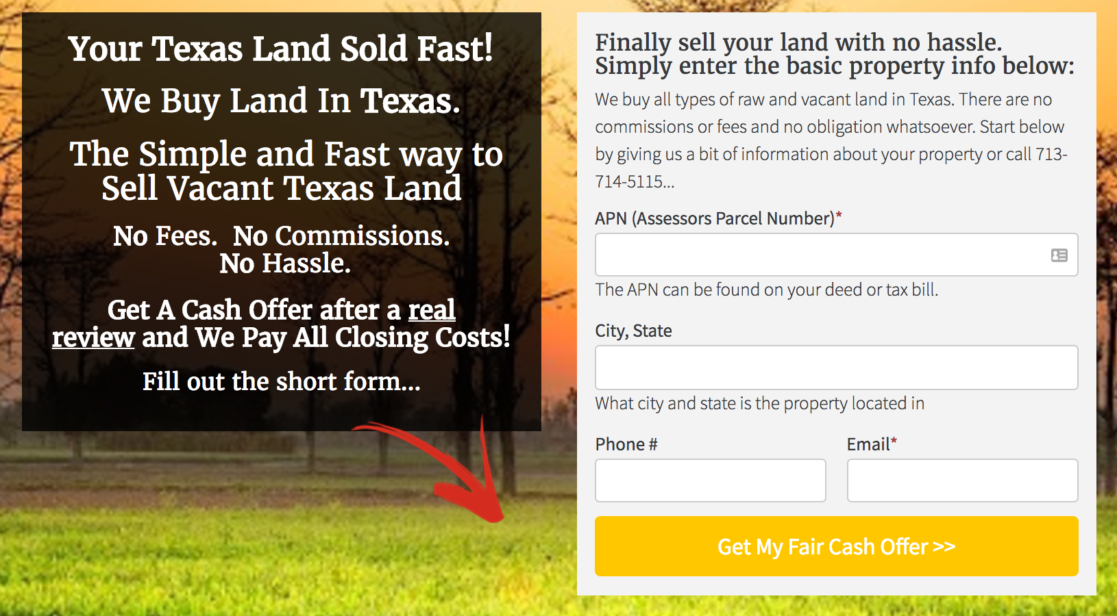 Land Seller Website Template lead form