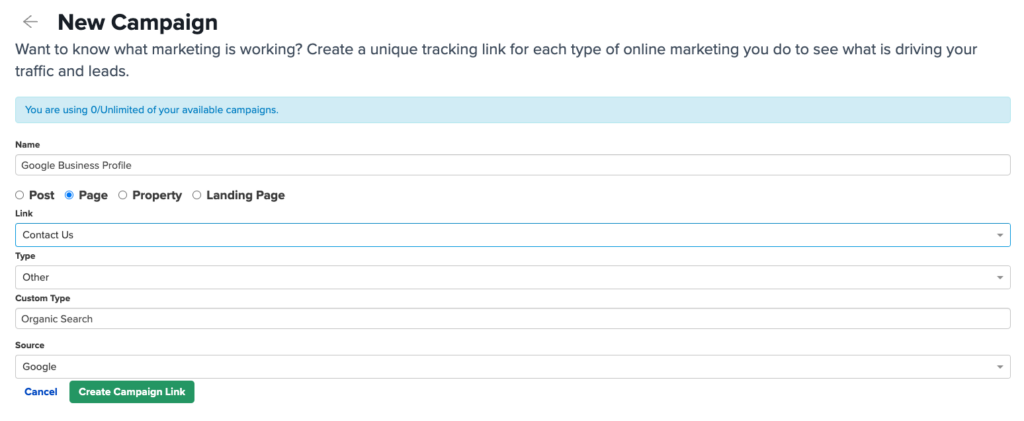 An image showing Carrot's Campaign Tracking Links as a way. to track conversions from a Google Business Profile.