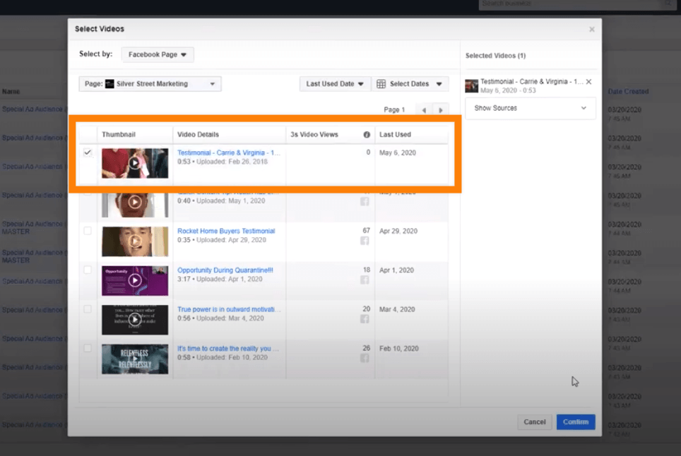 Choosing a video for facebook ads