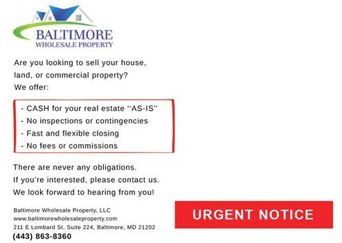 baltimore wholesale property direct mail letter