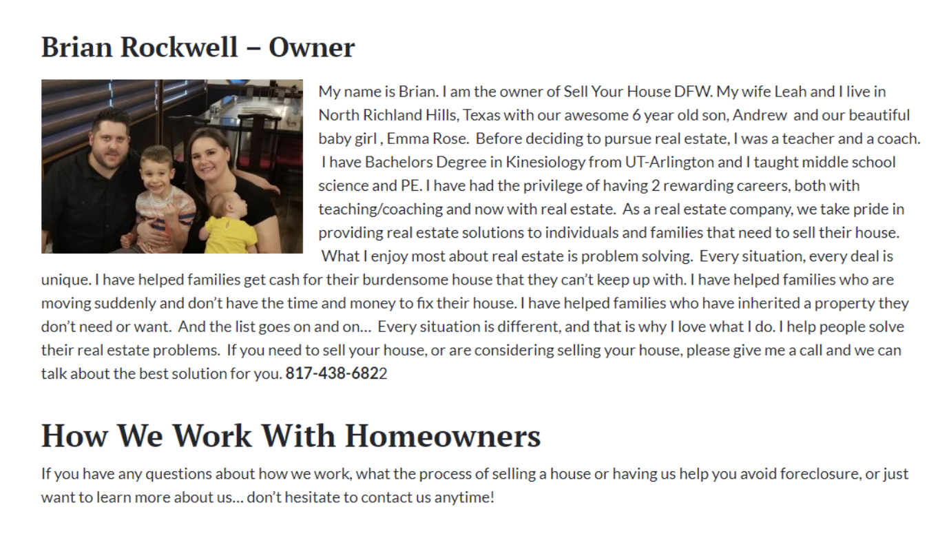 real estate investor website story on about page