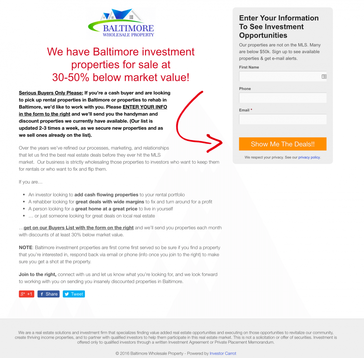 cash buyer landing page template