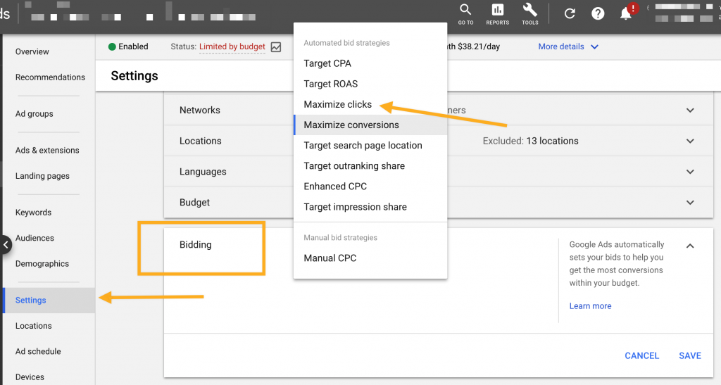 Google Ads Maximize Clicks option