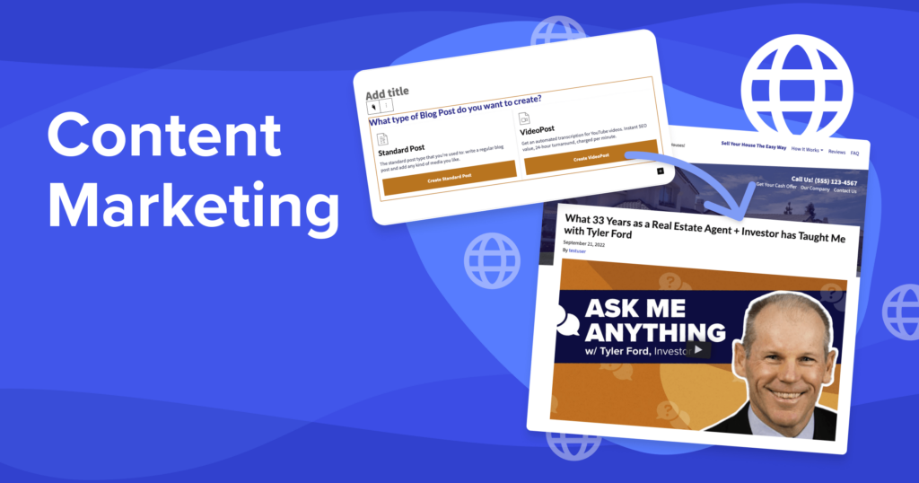 Real estate content marketing cover image with examples of how content could look with a Carrot website. 