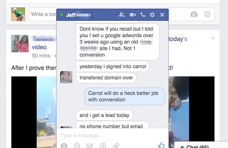 Jeff hit us up on Facebook to tell us he received his first lead from his Carrot website.