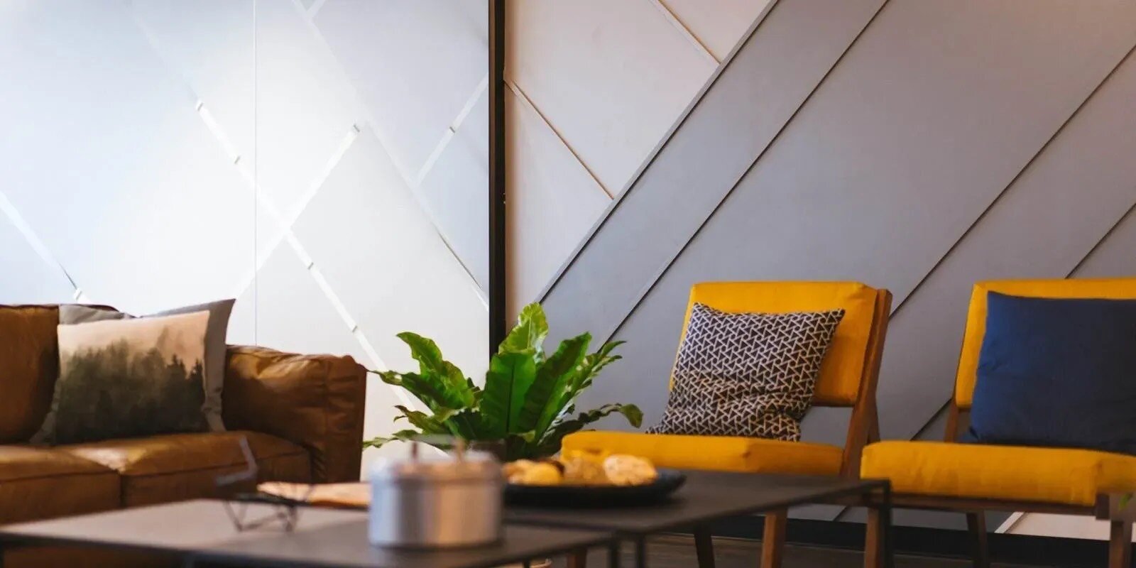 Office room with chairs and plant on center table