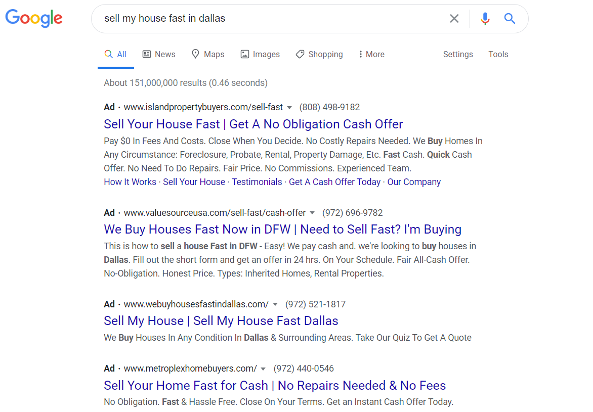 sell my house fast in dallas paid ads